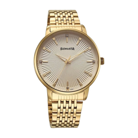 Sonata Eternia Quartz Analog Golden Dial Metal Strap Watch For Men 77156YM01
