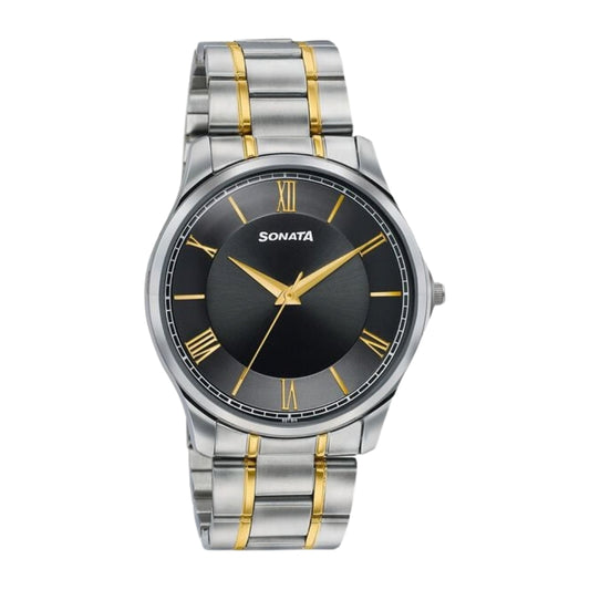 Sonata Traditional Essentials Black Dial Silver & Gold-Tone Stainless Steel Strap Watch 77163BM01W