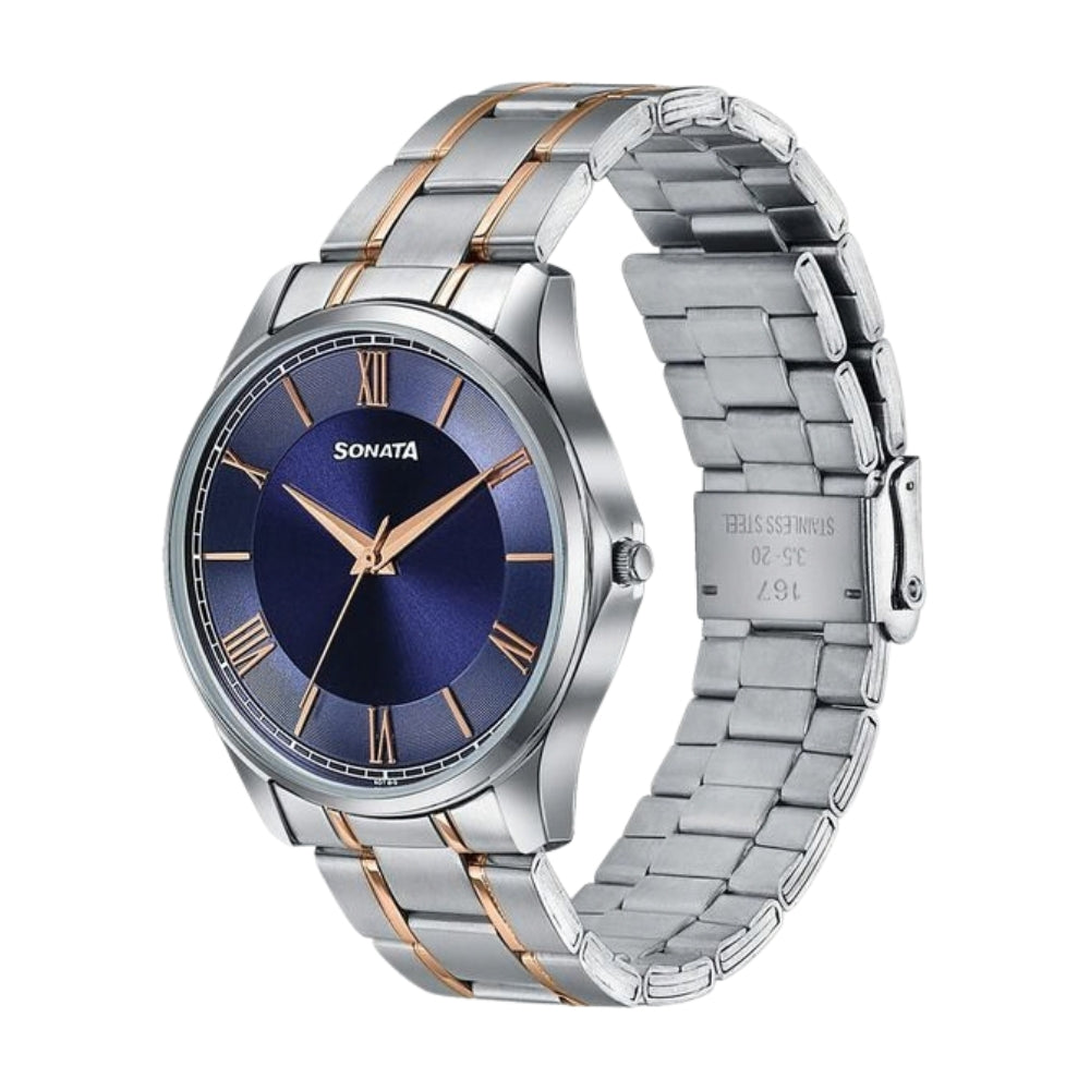 Sonata Traditional Essentials Blue Dial Silver & Rose Gold-Tone Stainless Steel Strap Watch 77163KM01W