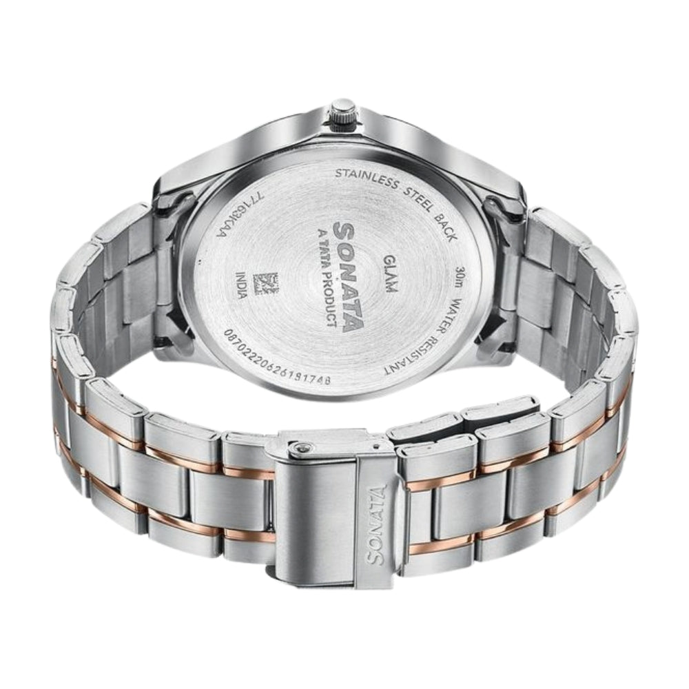 Sonata Traditional Essentials Blue Dial Silver & Rose Gold-Tone Stainless Steel Strap Watch 77163KM01W