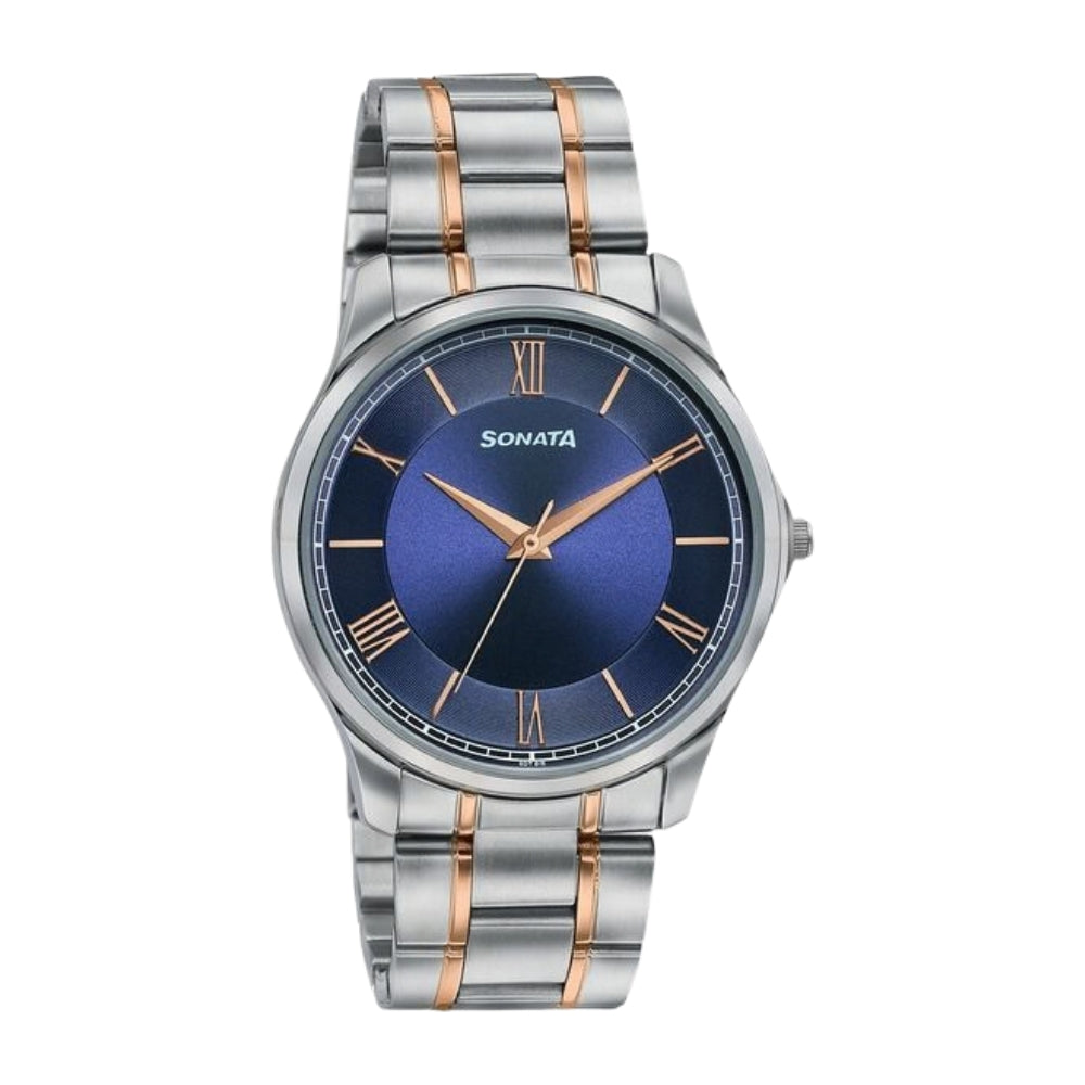 Sonata Traditional Essentials Blue Dial Silver & Rose Gold-Tone Stainless Steel Strap Watch 77163KM01W