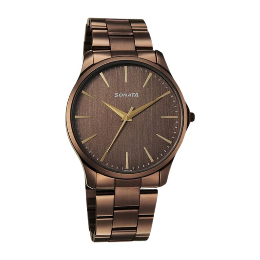 Sonata Traditional Essentials Quartz Analog Brown Dial Brown Metal Strap Watch For Men 77163QM01W