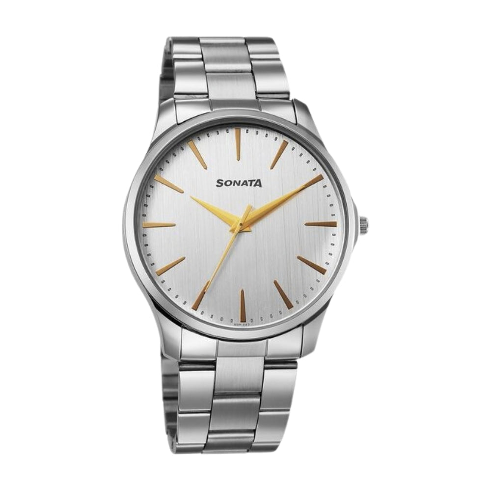Sonata Traditional Essentials Quartz Analog Silver Dial Silver Metal Strap Watch For Men 77163SM02W