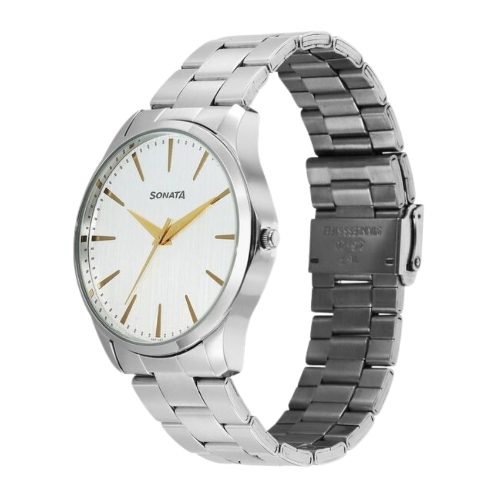 Sonata Traditional Essentials Quartz Analog Silver Dial Silver Metal Strap Watch For Men 77163SM02W