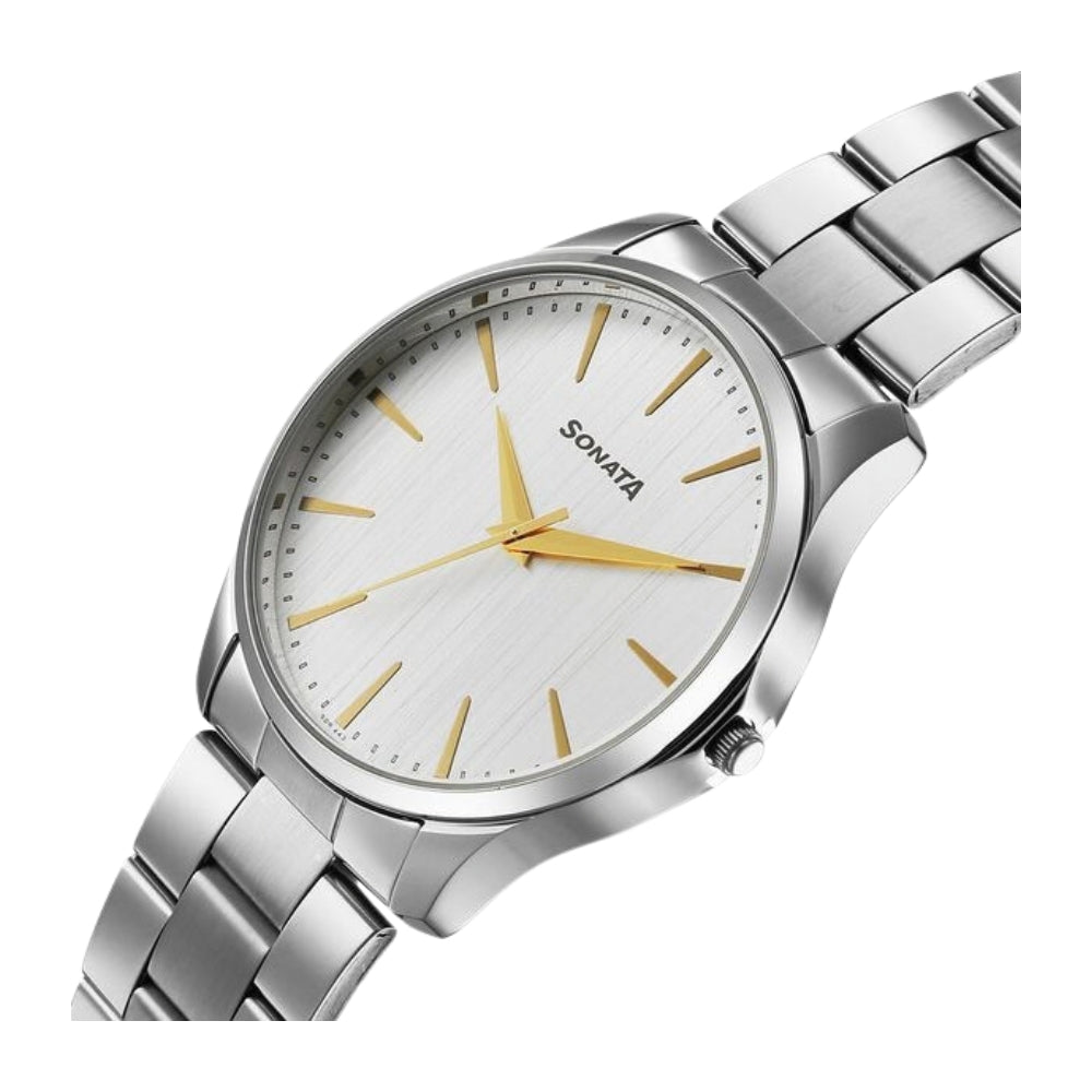 Sonata Traditional Essentials Quartz Analog Silver Dial Silver Metal Strap Watch For Men 77163SM02W