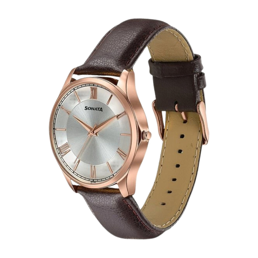 Sonata Traditional Essentials Silver Dial, Rose Gold tone case Burgundy Genuine Leather Strap Watch 77163WL01W