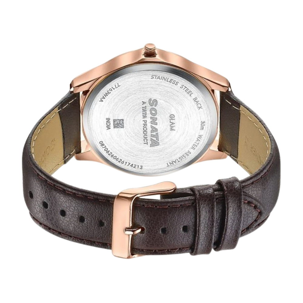 Sonata Traditional Essentials Silver Dial, Rose Gold tone case Burgundy Genuine Leather Strap Watch 77163WL01W