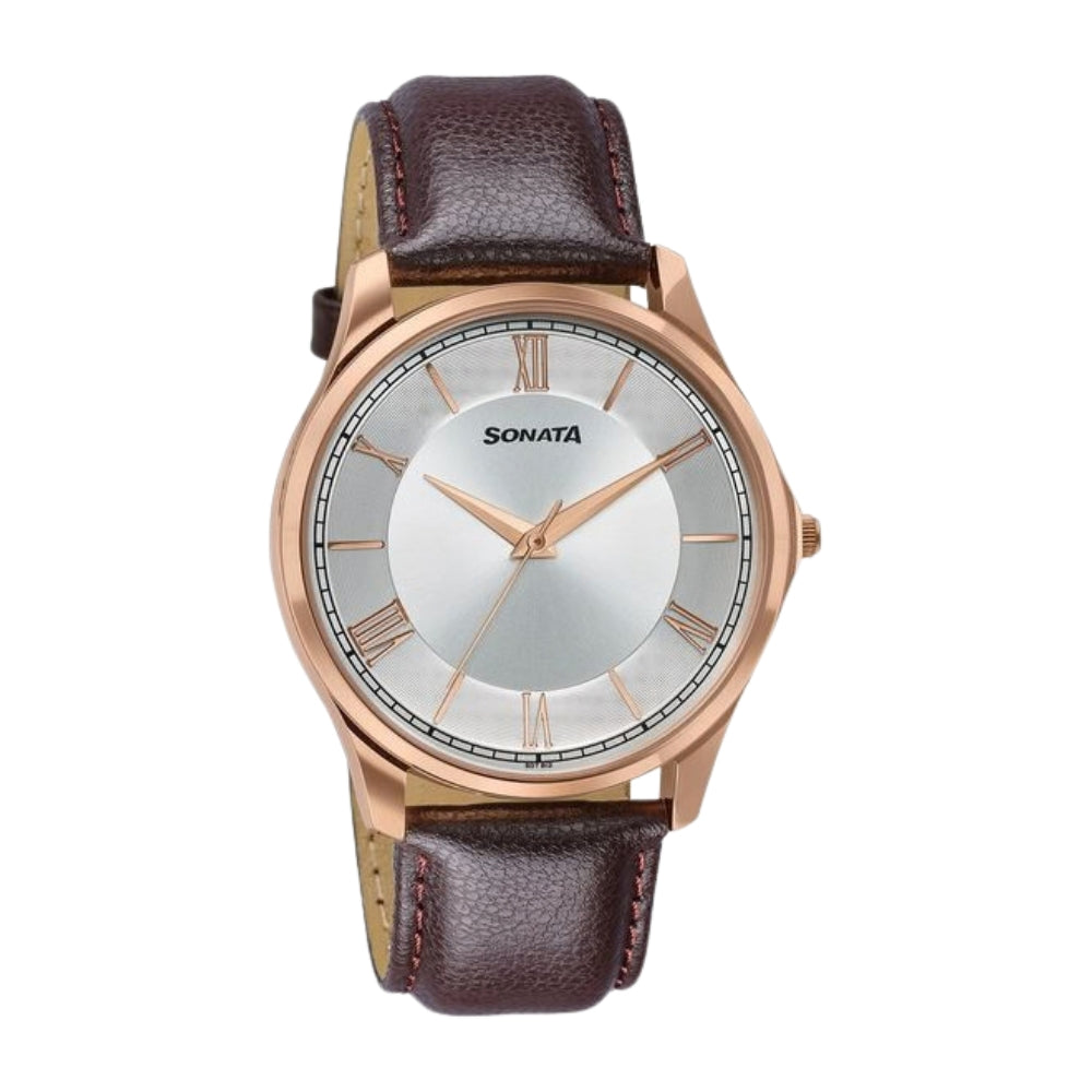 Sonata Traditional Essentials Silver Dial, Rose Gold tone case Burgundy Genuine Leather Strap Watch 77163WL01W