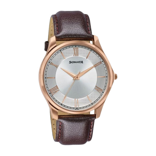 Sonata Traditional Essentials Silver Dial, Rose Gold tone case Burgundy Genuine Leather Strap Watch 77163WL01W
