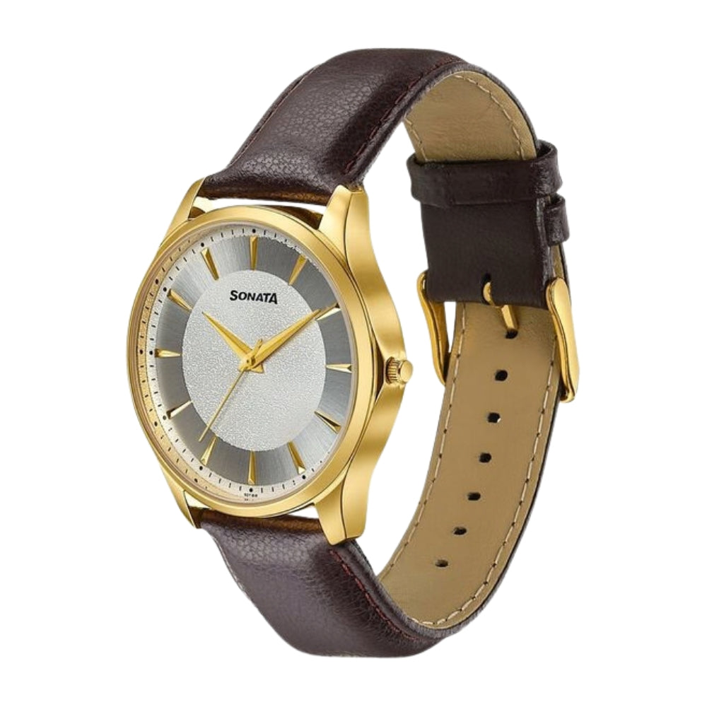 Sonata Traditional Essentials Silver Dial, Gold tone case Burgundy Genuine Leather Strap Watch 77163YL01W