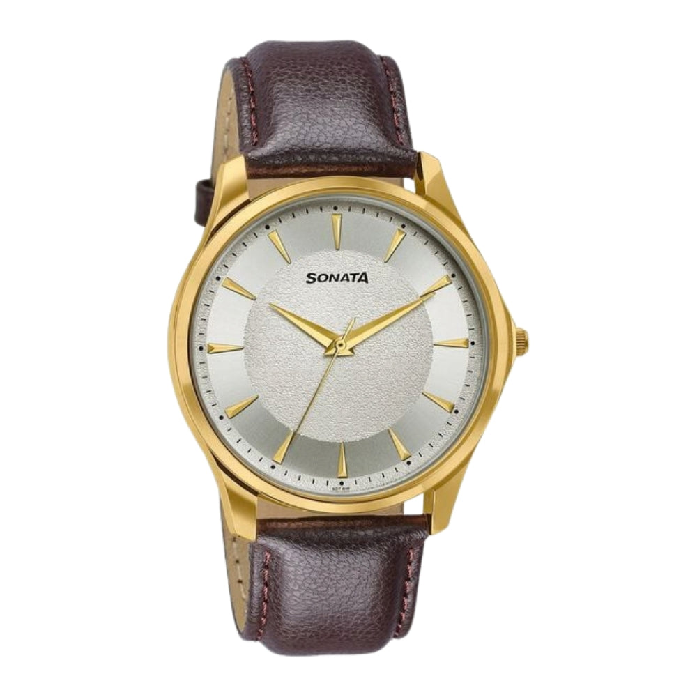 Sonata Traditional Essentials Silver Dial, Gold tone case Burgundy Genuine Leather Strap Watch 77163YL01W