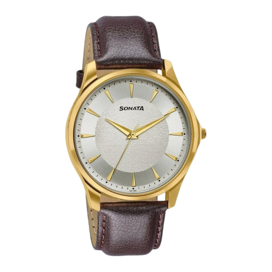 Sonata Traditional Essentials Silver Dial, Gold tone case Burgundy Genuine Leather Strap Watch 77163YL01W