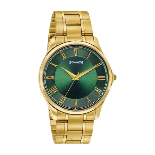 Sonata Traditional Essentials Green Dial Gold-Tone Stainless Steel Strap Watch 77163YM07W