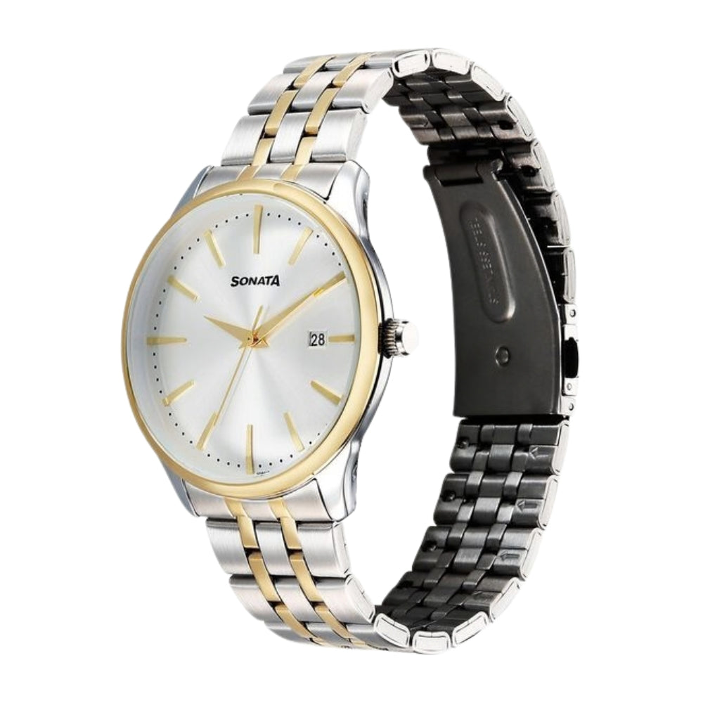 Sonata Eternia Quartz Analog with Date Silver Dial Metal Strap Watch For Men 77166BM01