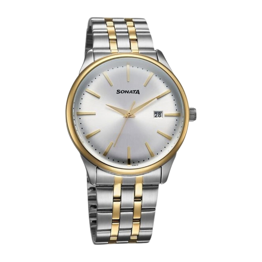 Sonata Eternia Quartz Analog with Date Silver Dial Metal Strap Watch For Men 77166BM01