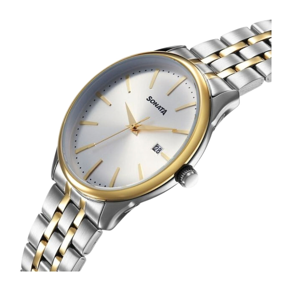 Sonata Eternia Quartz Analog with Date Silver Dial Metal Strap Watch For Men 77166BM01