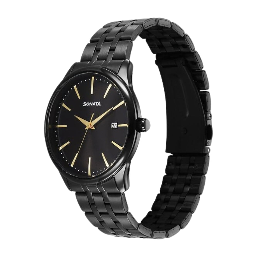 Sonata Eternia Quartz Analog with Date Black Dial Metal Strap Watch For Men 77166NM01