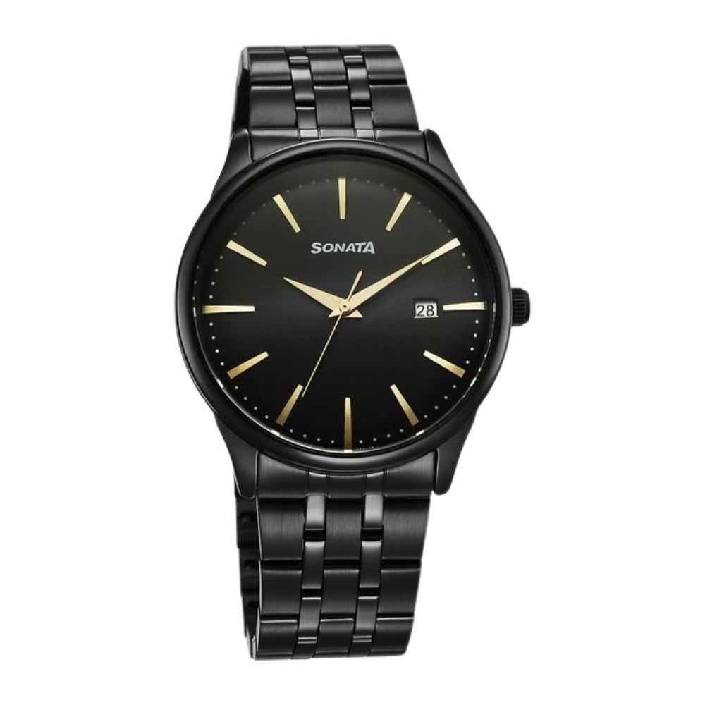 Sonata Eternia Quartz Analog with Date Black Dial Metal Strap Watch For Men 77166NM01