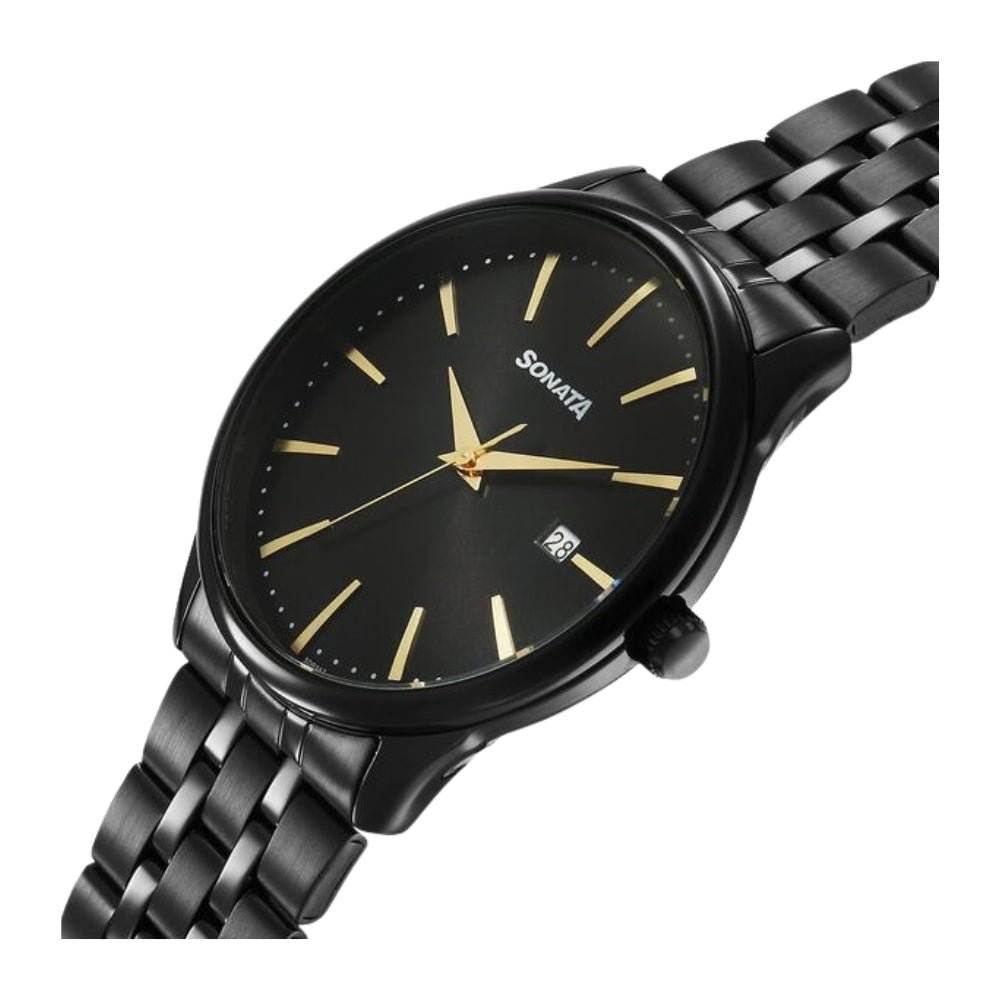 Sonata Eternia Quartz Analog with Date Black Dial Metal Strap Watch For Men 77166NM01