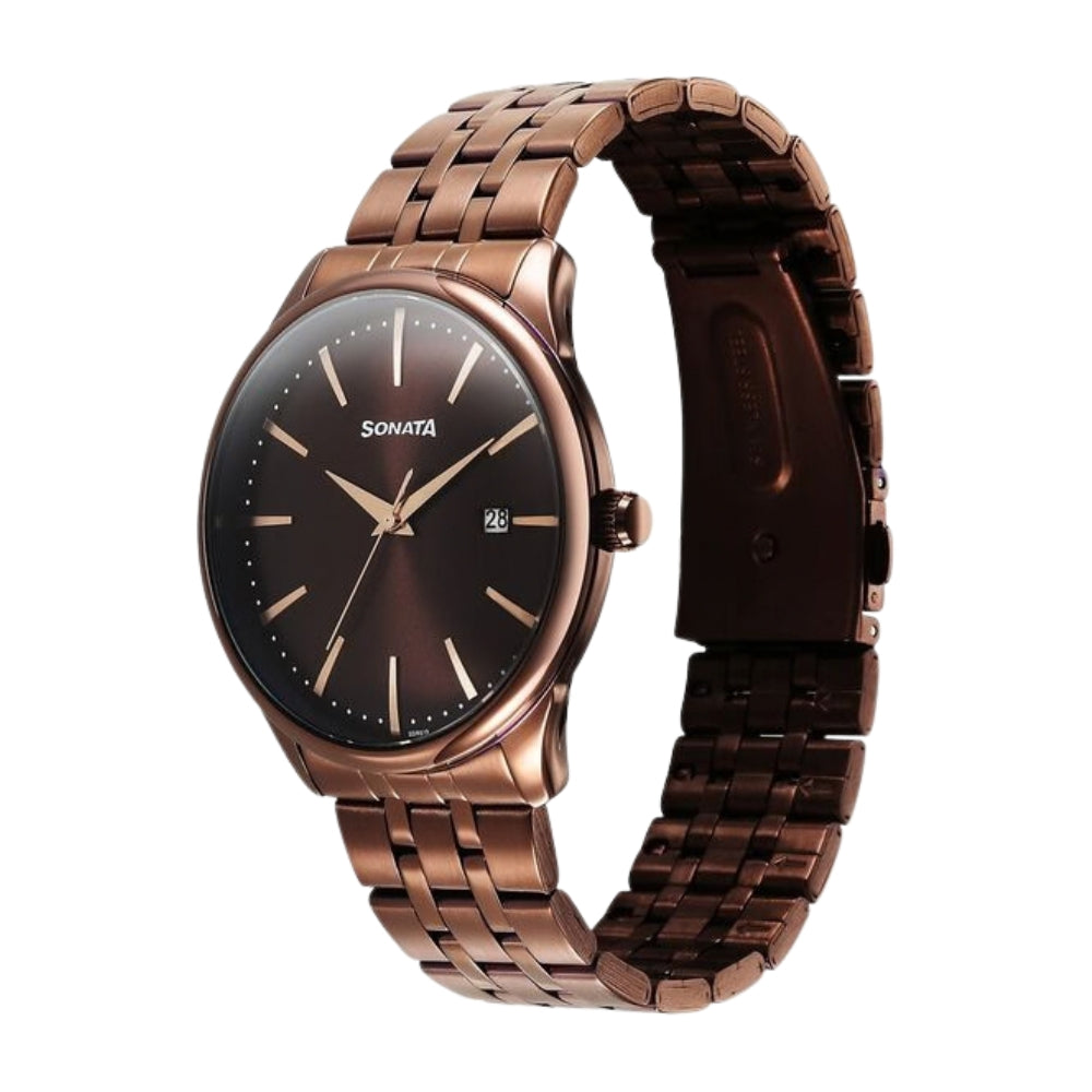 Sonata Eternia Quartz Analog with Date Brown Dial Metal Strap Watch For Men 77166QM01