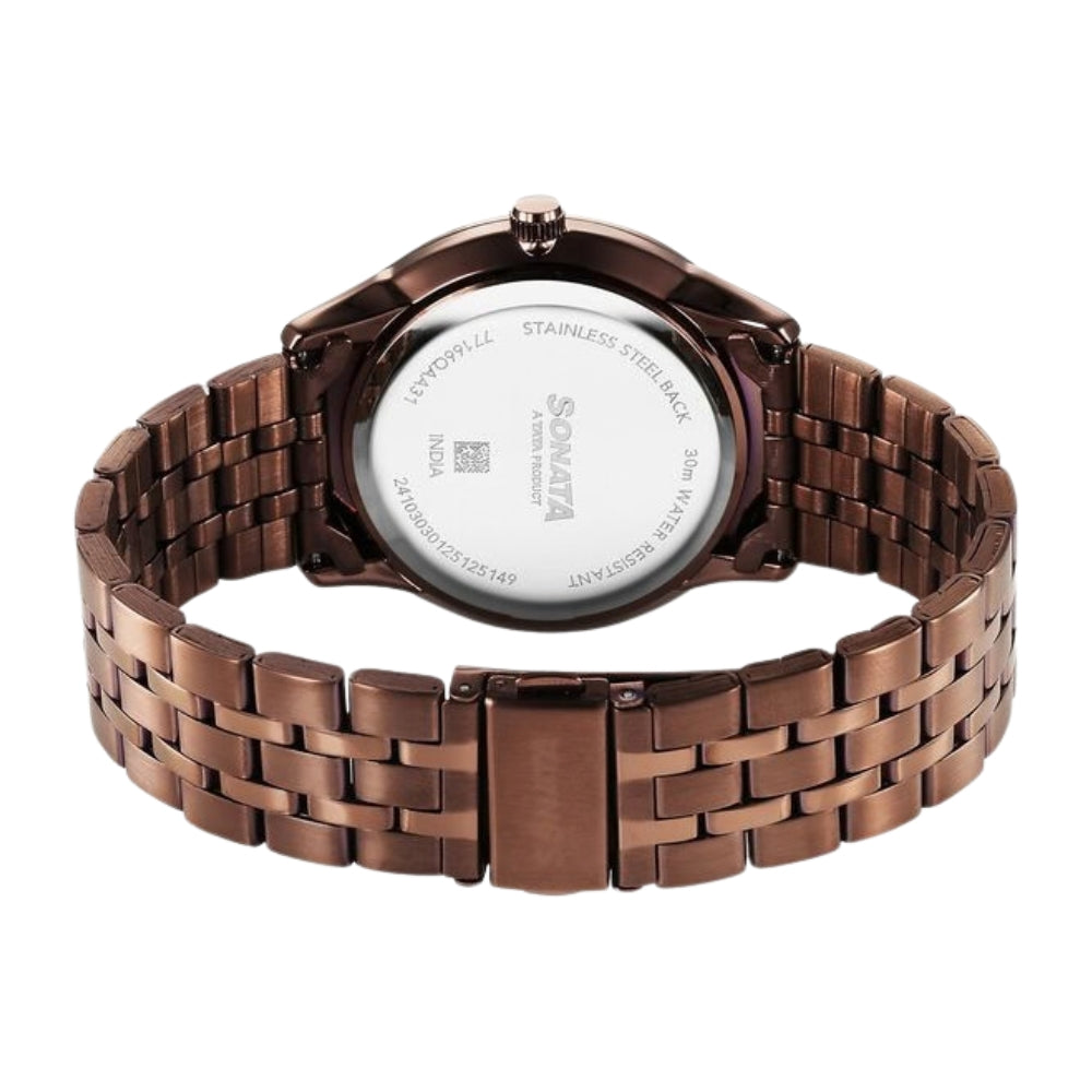 Sonata Eternia Quartz Analog with Date Brown Dial Metal Strap Watch For Men 77166QM01