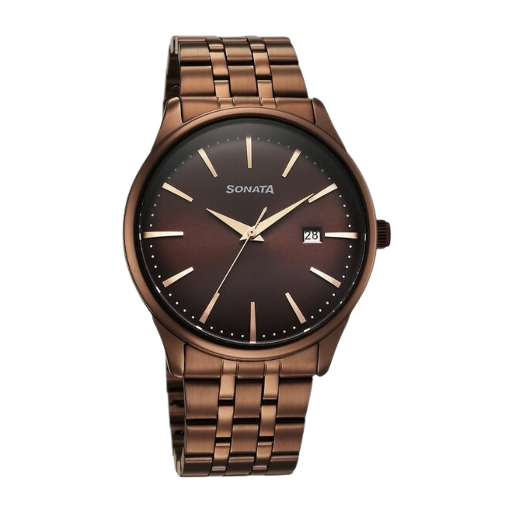 Sonata Eternia Quartz Analog with Date Brown Dial Metal Strap Watch For Men 77166QM01