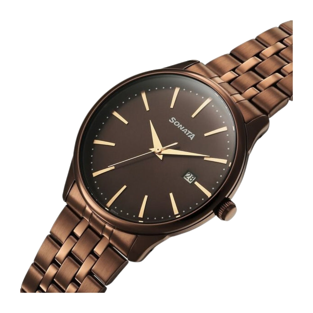 Sonata Eternia Quartz Analog with Date Brown Dial Metal Strap Watch For Men 77166QM01