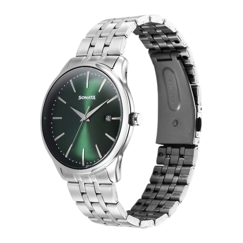 Sonata Eternia Quartz Analog with Date Green Dial Metal Strap Watch For Men 77166SM02