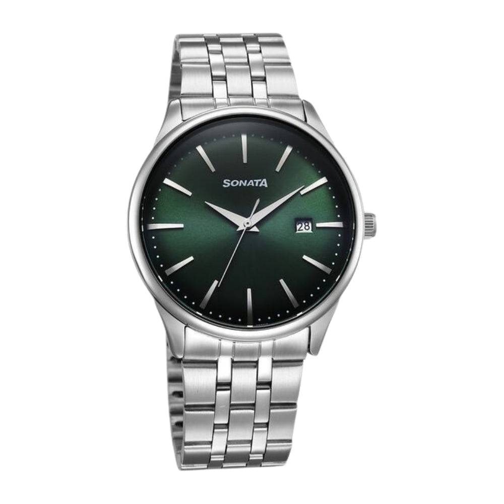 Sonata Eternia Quartz Analog with Date Green Dial Metal Strap Watch For Men 77166SM02