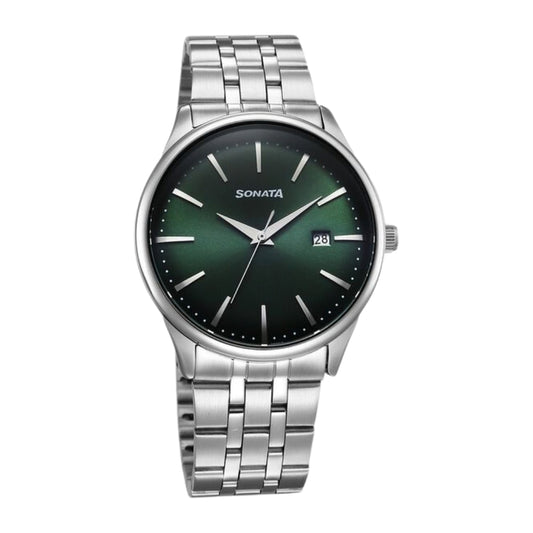 Sonata Eternia Quartz Analog with Date Green Dial Metal Strap Watch For Men 77166SM02