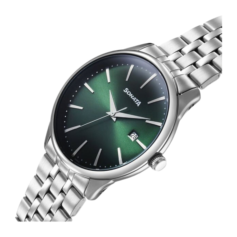 Sonata Eternia Quartz Analog with Date Green Dial Metal Strap Watch For Men 77166SM02