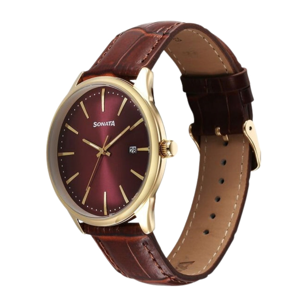 Sonata Eternia Quartz Analog with Date Maroon Dial Leather Strap Watch For Men 77166YL02