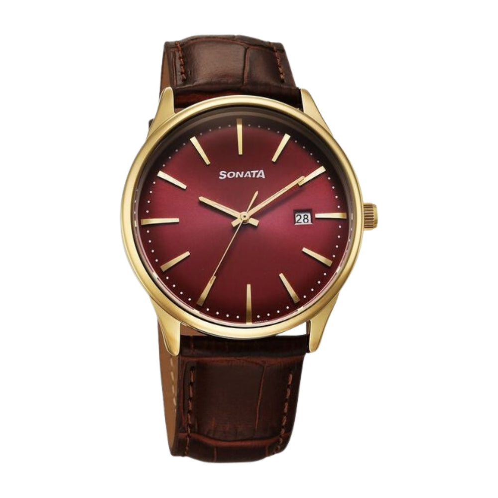 Sonata Eternia Quartz Analog with Date Maroon Dial Leather Strap Watch For Men 77166YL02