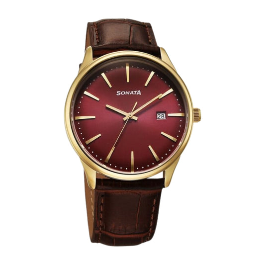 Sonata Eternia Quartz Analog with Date Maroon Dial Leather Strap Watch For Men 77166YL02