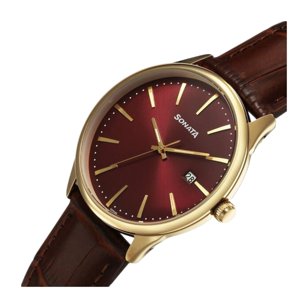Sonata Eternia Quartz Analog with Date Maroon Dial Leather Strap Watch For Men 77166YL02