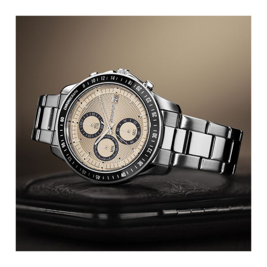 Sonata Chronos Quartz Analog with Date Champagne Dial Silver Colour Stainless Steel Strap Watch For Men 77187KM01