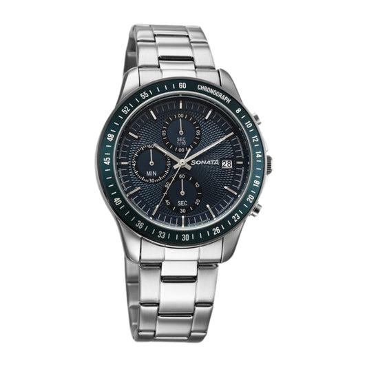 Sonata Chronos Quartz Analog with Date Blue Dial Silver Colour Stainless Steel Strap Watch For Men 77187KM02