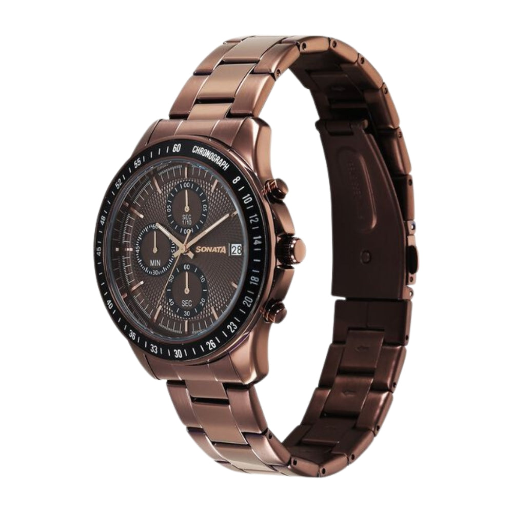 Sonata Chronos Quartz Analog with Date Brown Dial Brown Colour Stainless Steel Strap Watch For Men 77187KM04