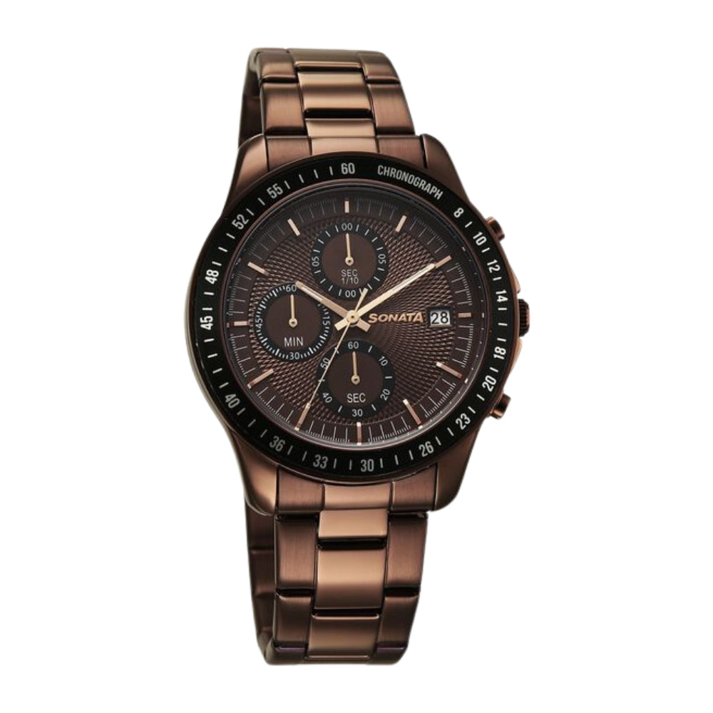 Sonata Chronos Quartz Analog with Date Brown Dial Brown Colour Stainless Steel Strap Watch For Men 77187KM04