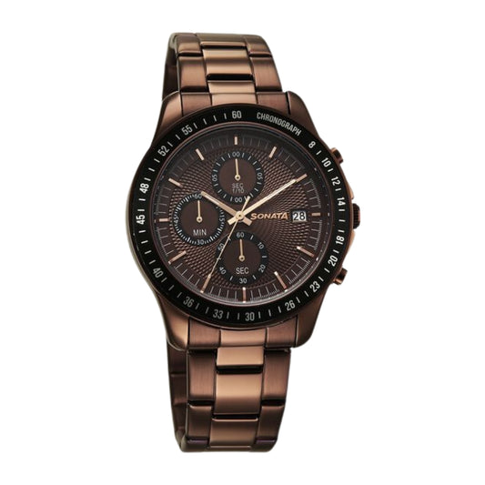 Sonata Chronos Quartz Analog with Date Brown Dial Brown Colour Stainless Steel Strap Watch For Men 77187KM04