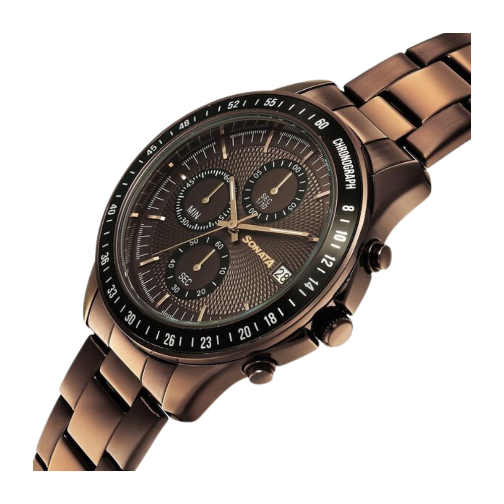 Sonata Chronos Quartz Analog with Date Brown Dial Brown Colour Stainless Steel Strap Watch For Men 77187KM04