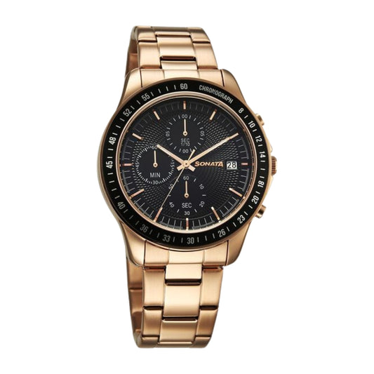 Sonata Chronos Quartz Analog with Date Black Dial Rose Gold Colour Stainless Steel Strap Watch For Men 77187KM05
