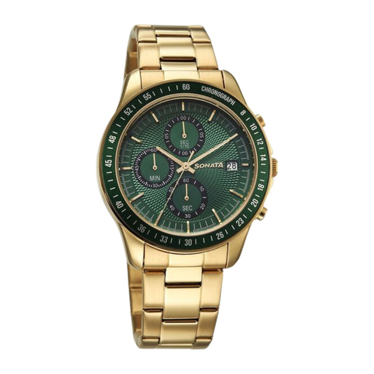 Sonata Chronos Quartz Analog with Date Green Dial Golden Colour Stainless Steel Strap Watch For Men 77187KM06