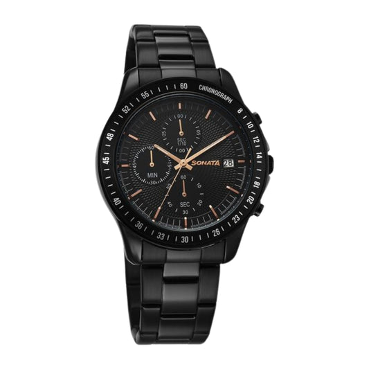 Sonata Chronos Quartz Analog with Date Black Dial Black Colour Stainless Steel Strap Watch For Men 77187NM01