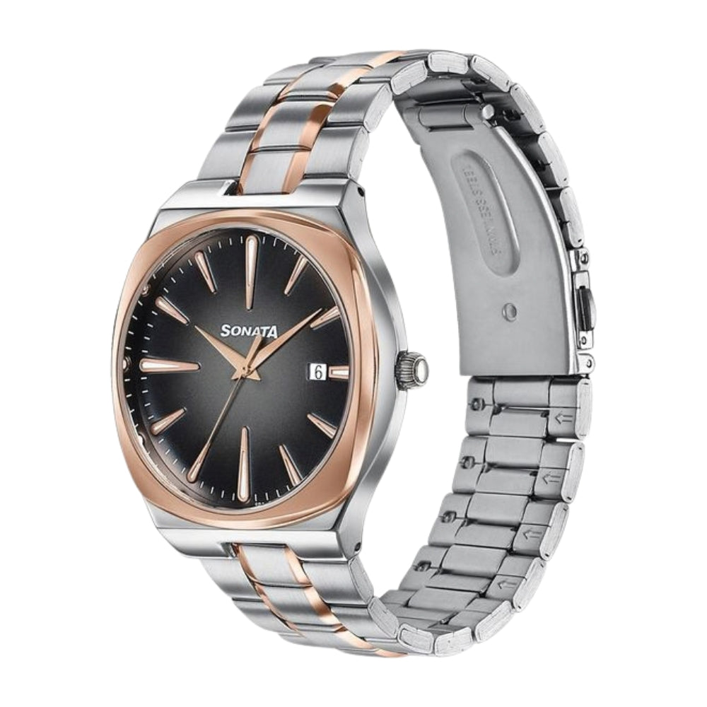 Sonata Festive Quartz Analog Black Dial Two Toned Metal Strap Watch For Men 77194KM01