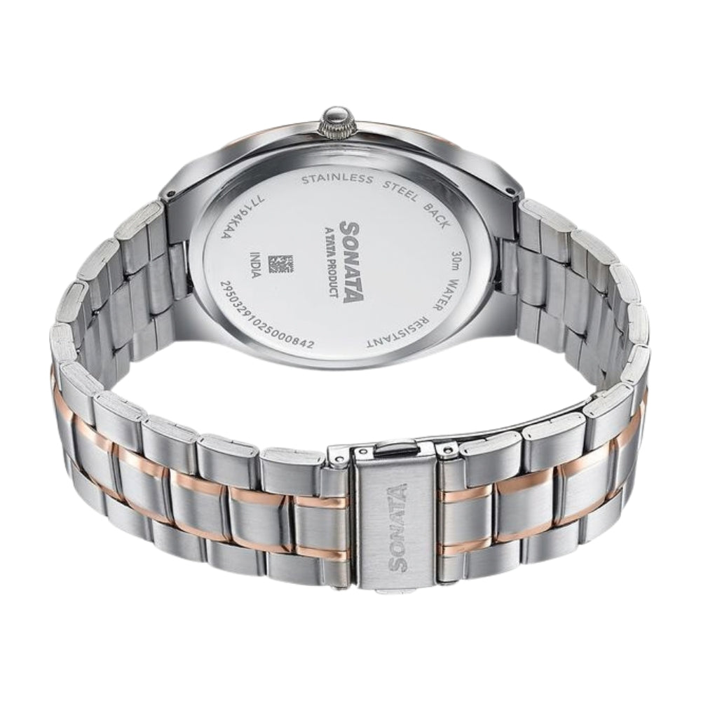 Sonata Festive Quartz Analog Black Dial Two Toned Metal Strap Watch For Men 77194KM01