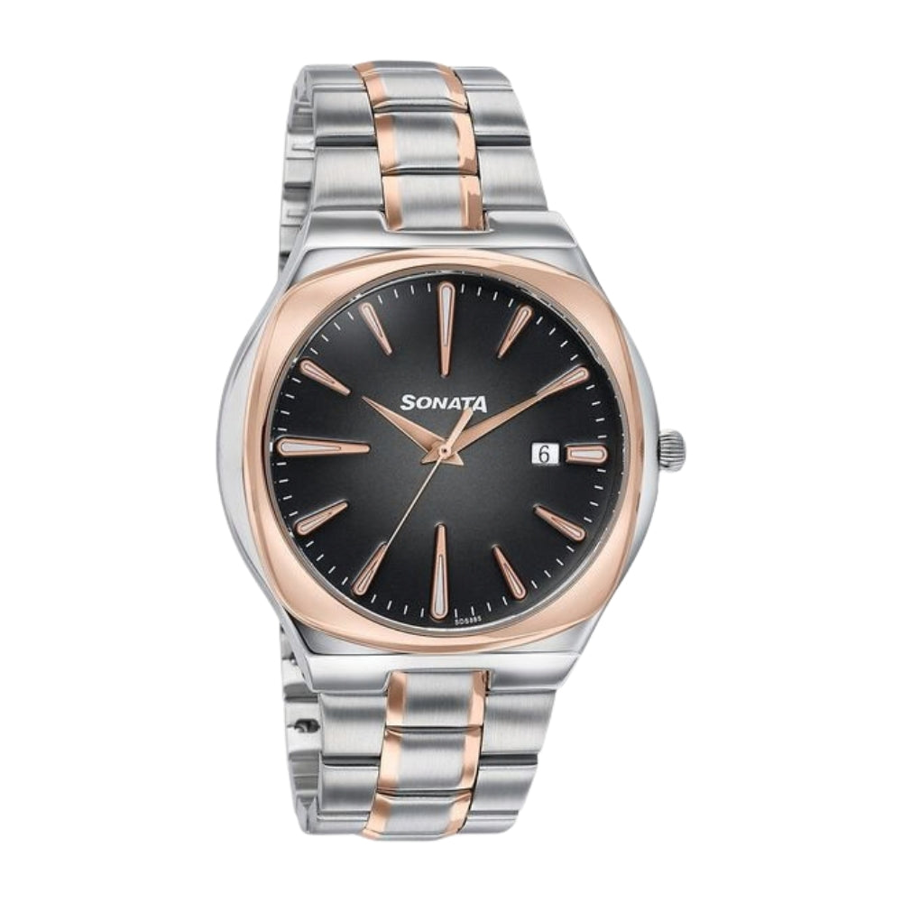 Sonata Festive Quartz Analog Black Dial Two Toned Metal Strap Watch For Men 77194KM01