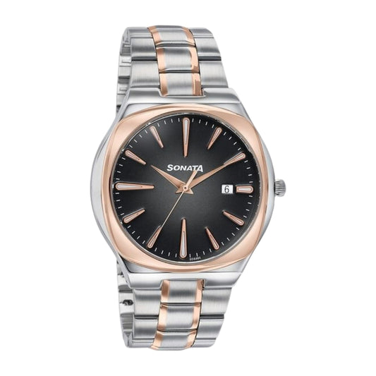 Sonata Festive Quartz Analog Black Dial Two Toned Metal Strap Watch For Men 77194KM01