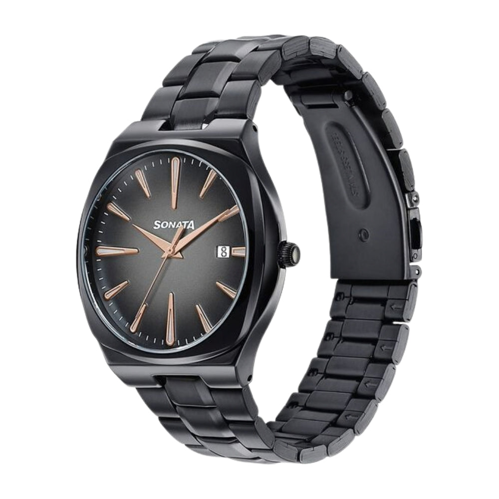 Sonata Festive Quartz Analog Black Dial Black Metal Strap Watch For Men 77194NM01