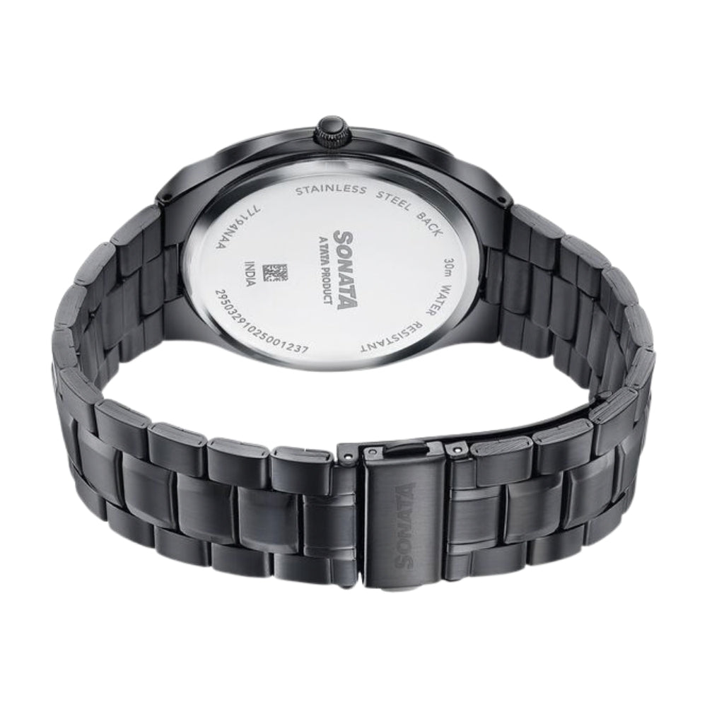 Sonata Festive Quartz Analog Black Dial Black Metal Strap Watch For Men 77194NM01